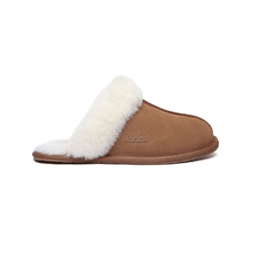 UGG Rosa Boots Unisex Slippers / Scuffs, Premium Sheepskin Upper Rubber Sole - Chestnut - Au Ladies 12 / Au Men 10 / Eu 43