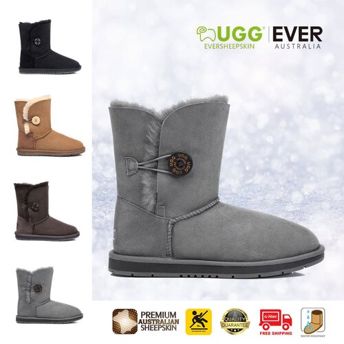 UGG Boots Short Button - Premium Australian Sheepskin, Water Resistant, Non-Slip - Black - Au Ladies 4/ Au Men 2/ Eu35