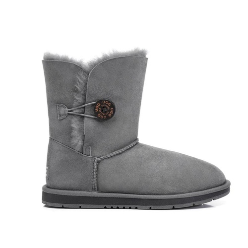 UGG Boots Short Button - Premium Australian Sheepskin, Water Resistant, Non-Slip - Grey - Au Ladies 8/ Au Men 6/ Eu39
